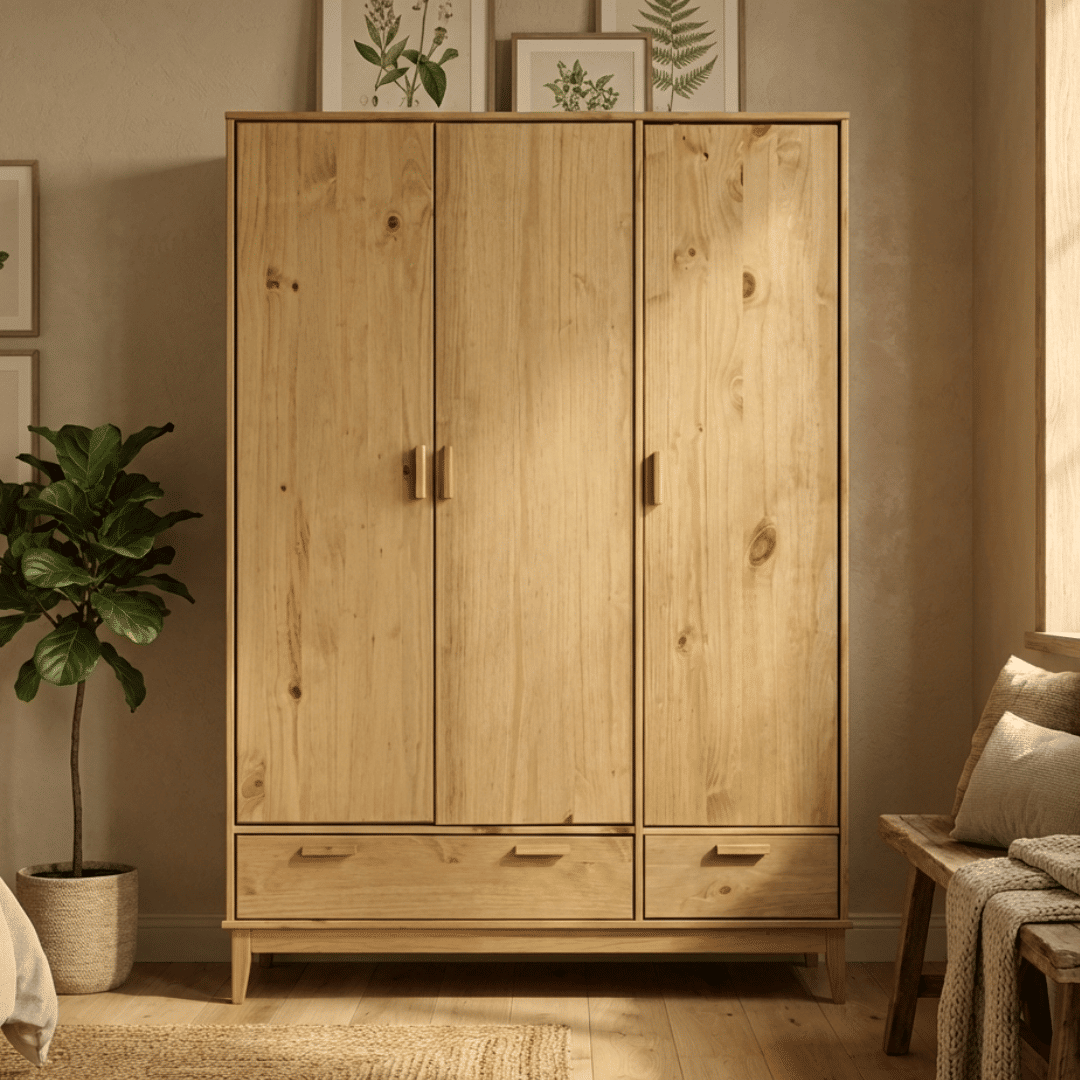 Roupeiro Alamo 3 Portas e 2 Gavetas em Madeira Natural