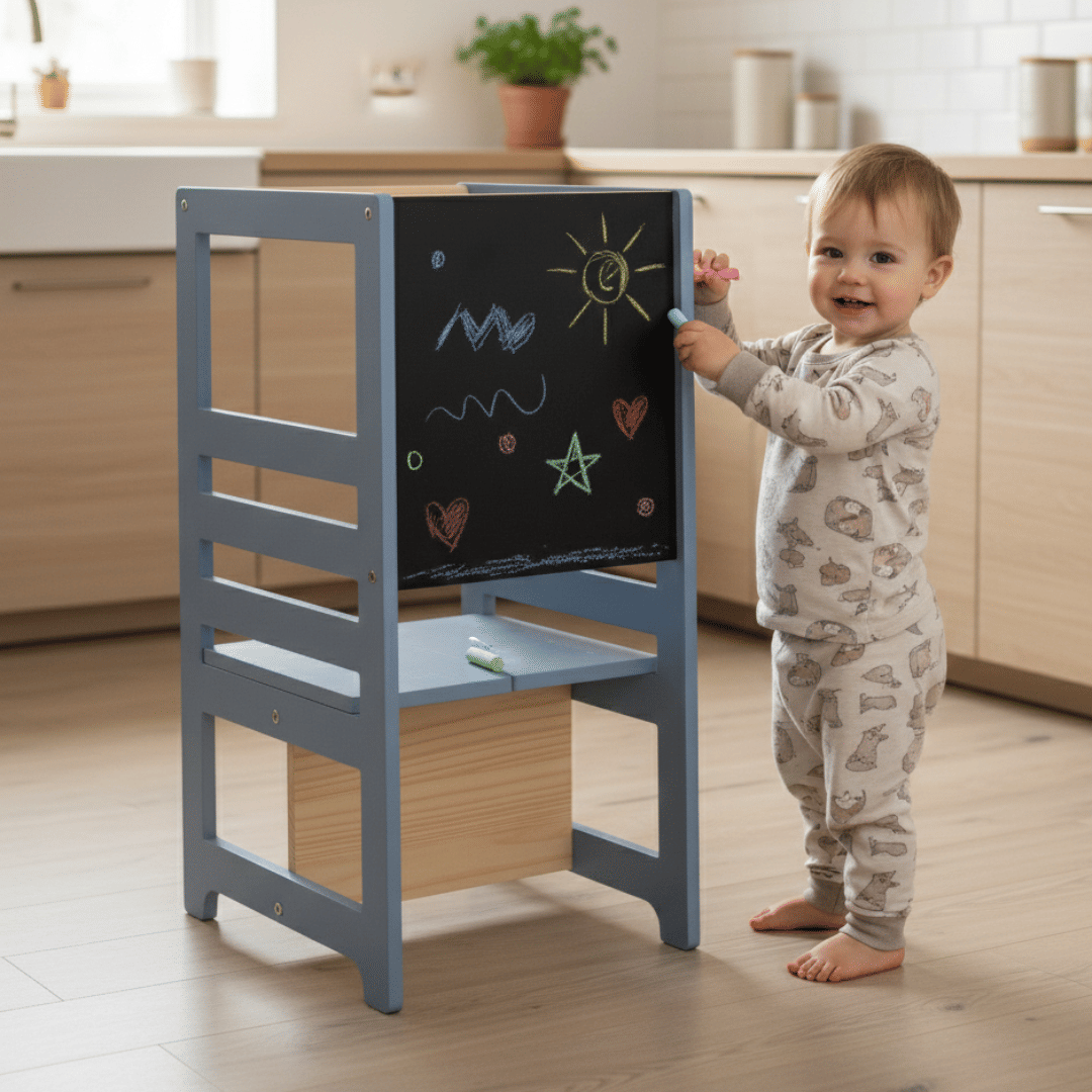Torre de Aprendizagem Montessori 4 em 1 Azul Cadeirão Ajustável, Mesinha de Atividades, Quadro de Desenhos Torre de Aprendizagem Montessori 4 em 1 Azul Cadeirão Ajustável, Mesinha de Atividades, Quadro de Desenhos