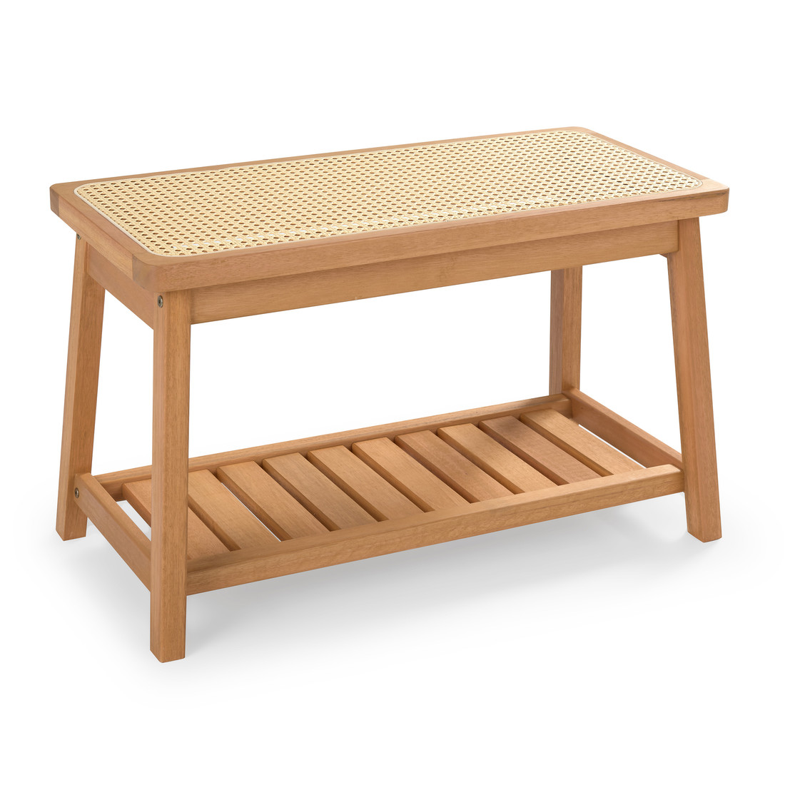 Banco Sapateira com Prateleira Ripada 75cm em Madeira Maciça e Rattan Cor Pitanga Banco Sapateira com Prateleira Ripada 75cm em Madeira Maciça e Rattan Cor Pitanga
