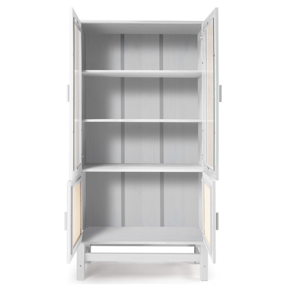 Cristaleira Nature em Madeira, Vidro e Rattan 04 Portas na Cor Branca