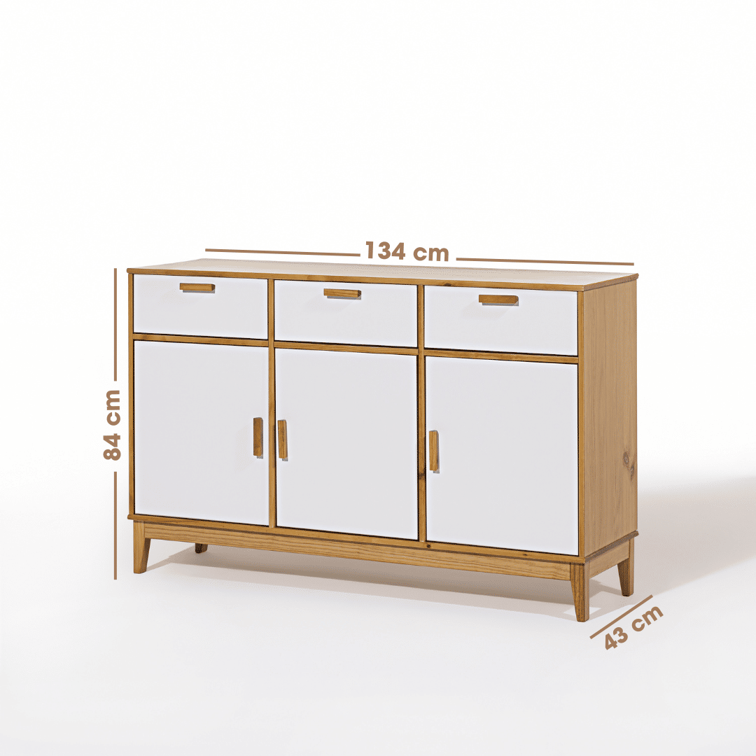 Balcão Alamo 3 Portas e 3 Gavetas em Madeira Natural + Branco