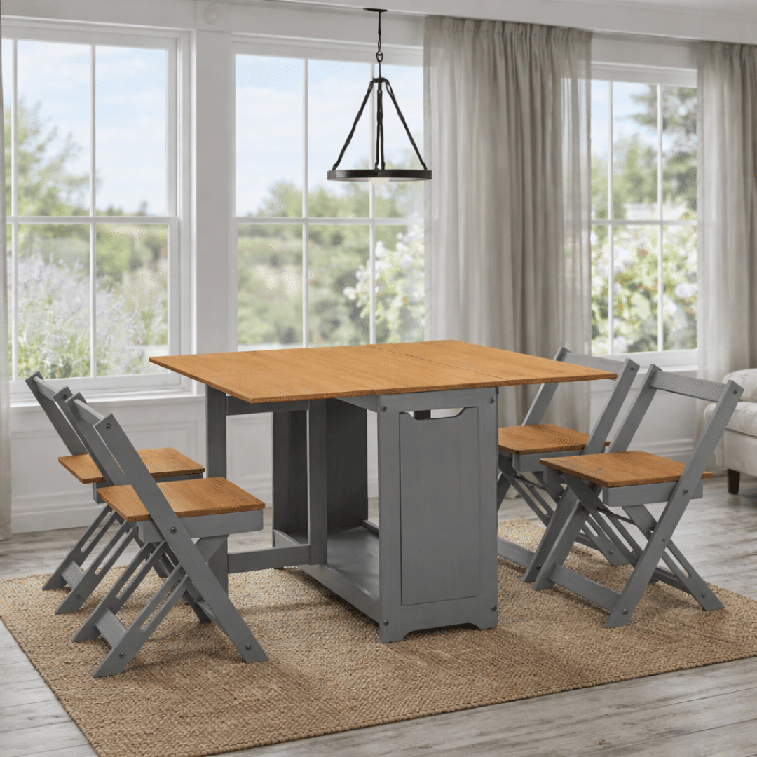 Mesa Dobrável Borboleta com 4 Cadeiras em Madeira Maciça de Pinus Cinza Cera