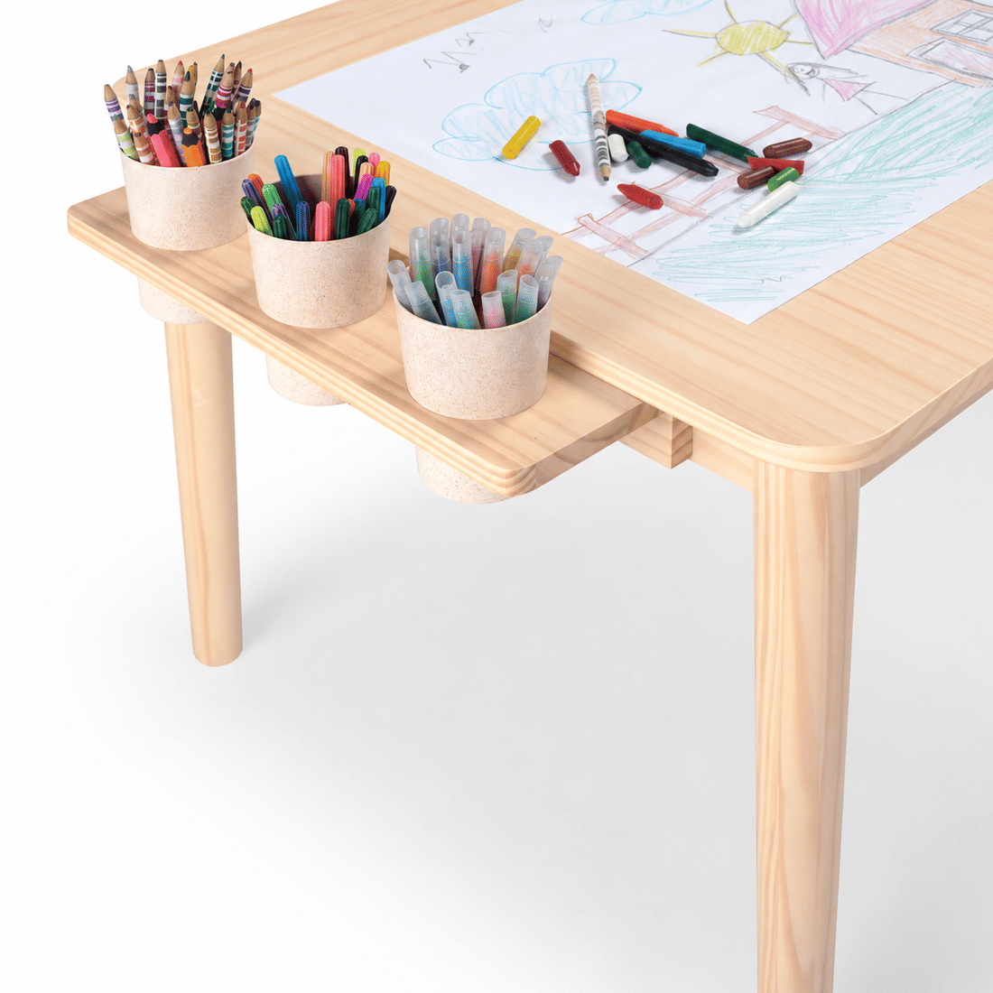 Mesa Infantil Quadrada de Madeira Maciça 61cm Natural com Porta-Lápis e Suporte para Papel