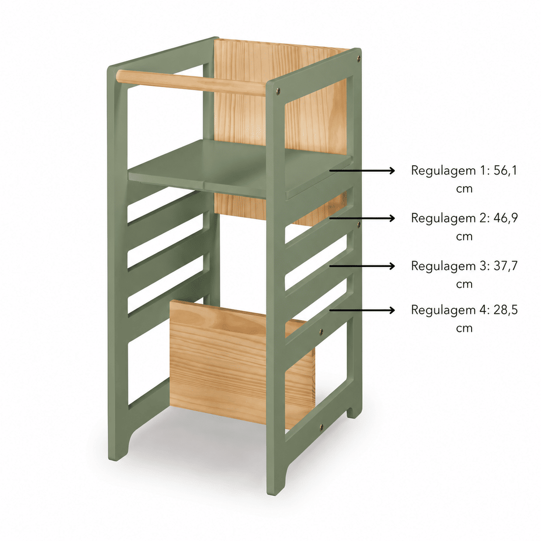 Torre de Aprendizagem Montessori 4 em 1 Verde Oliva Cadeirão Ajustável, Mesinha de Atividades, Quadro de Desenhos