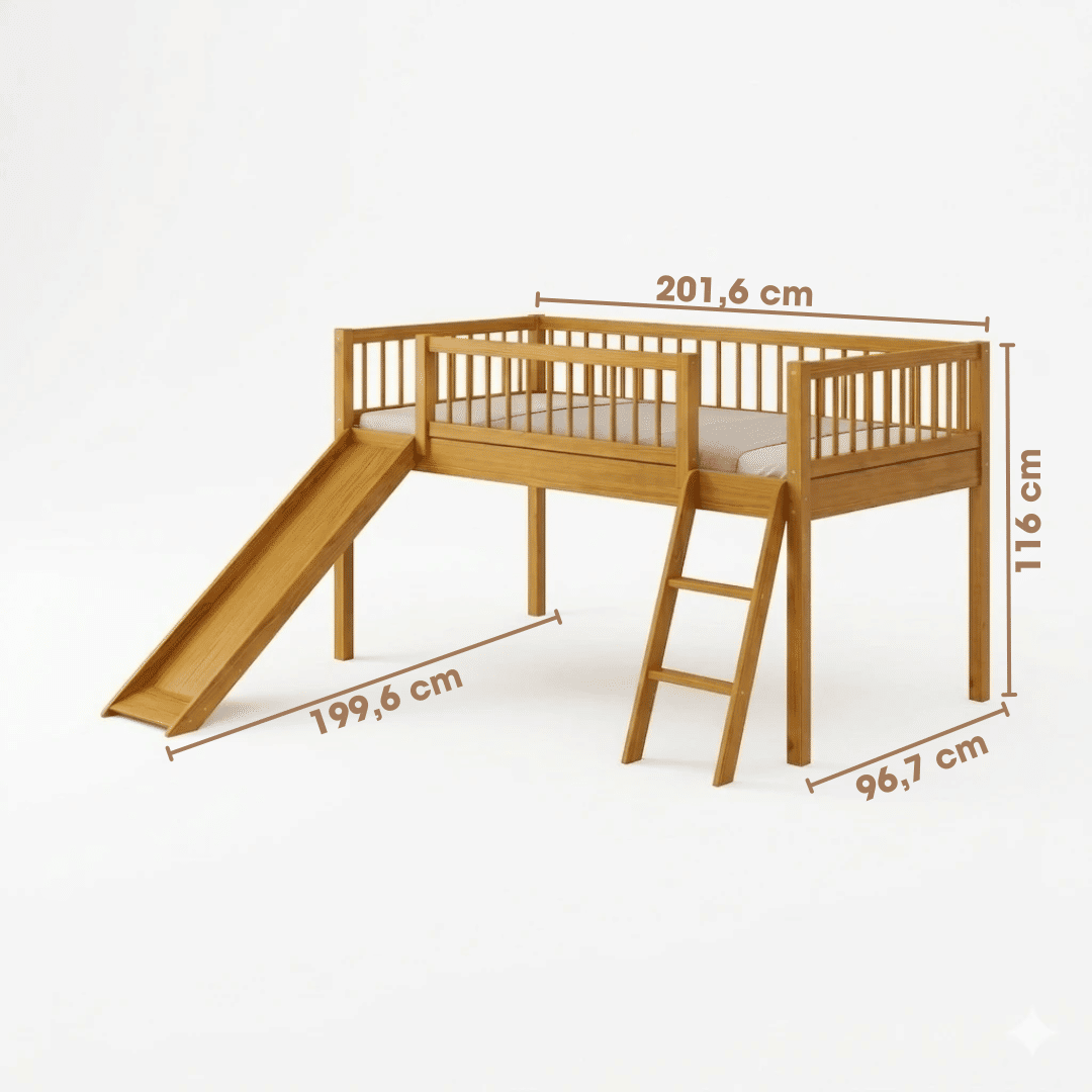 Cama Infantil Com Escorregador Bloomie em Madeira Maciça Pinus Mel