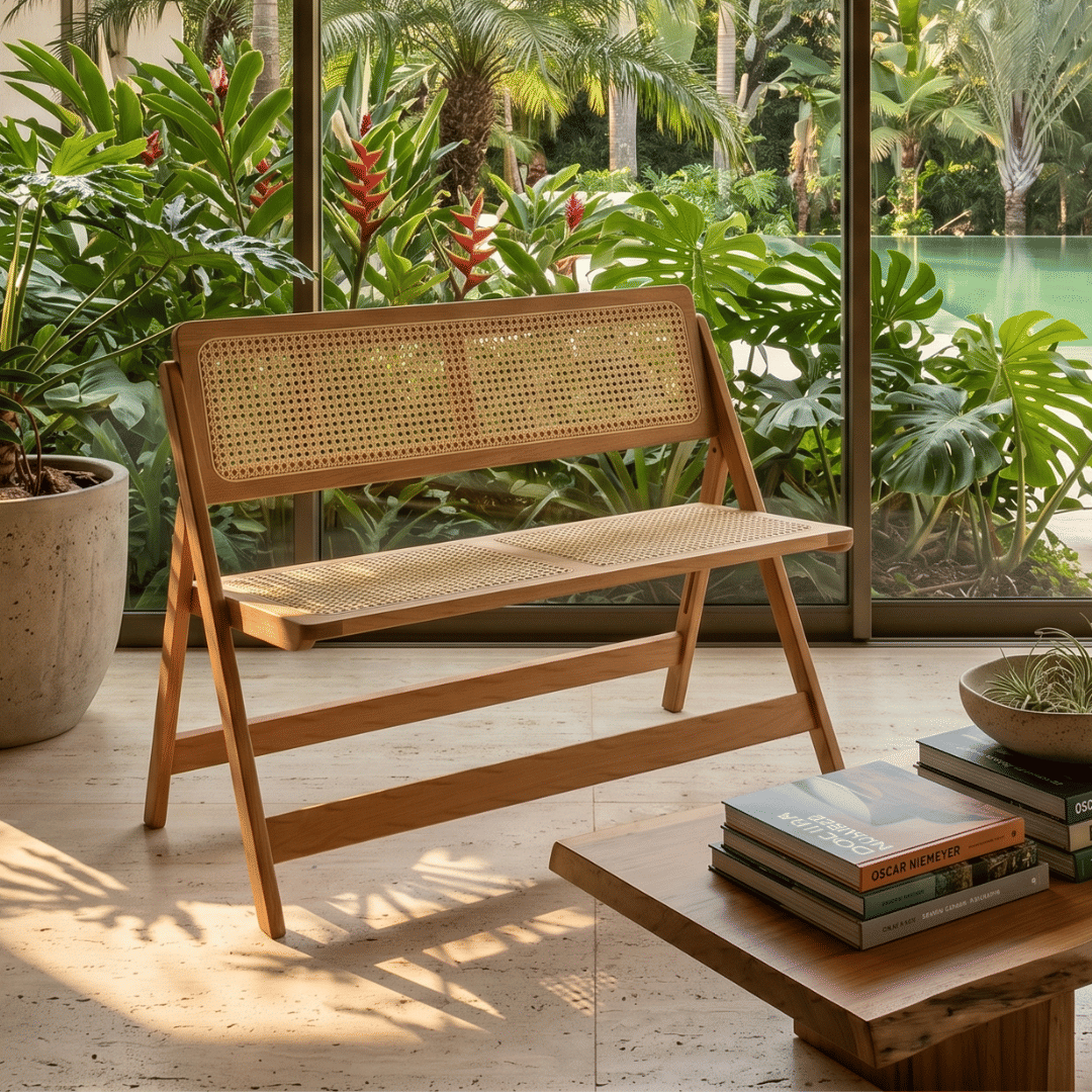 Banco Dobrável em Madeira de Eucalipto com Assento e Encosto em Rattan Natural Cor Pitanga 92 cm Banco Dobrável em Madeira de Eucalipto com Assento e Encosto em Rattan Natural Cor Pitanga 92 cm