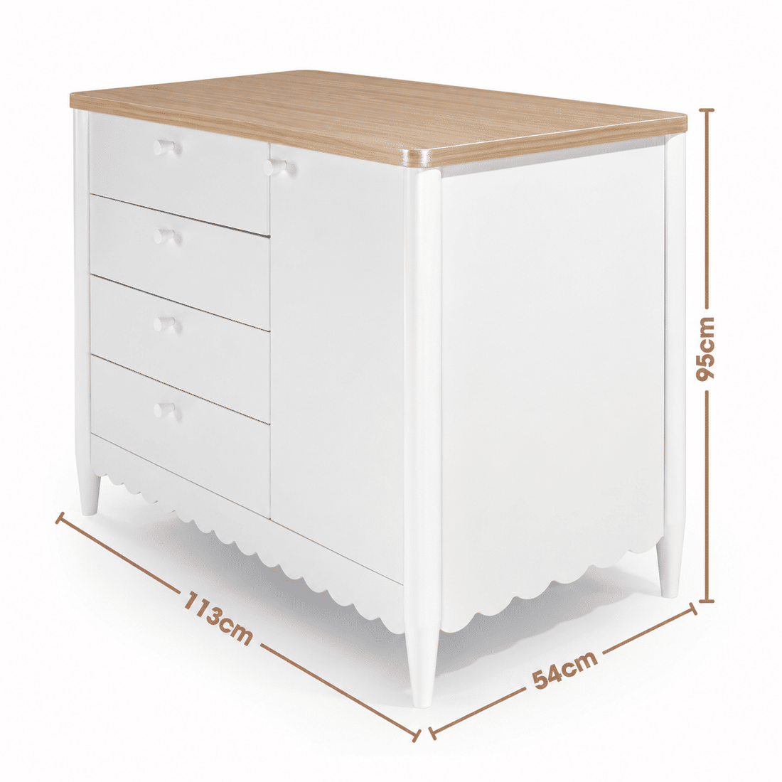 Cômoda Pop 4 Gavetas e 1 Porta em Madeira Maciça Branca com Tampo Natural Cômoda Pop 4 Gavetas e 1 Porta em Madeira Maciça Branca com Tampo Natural