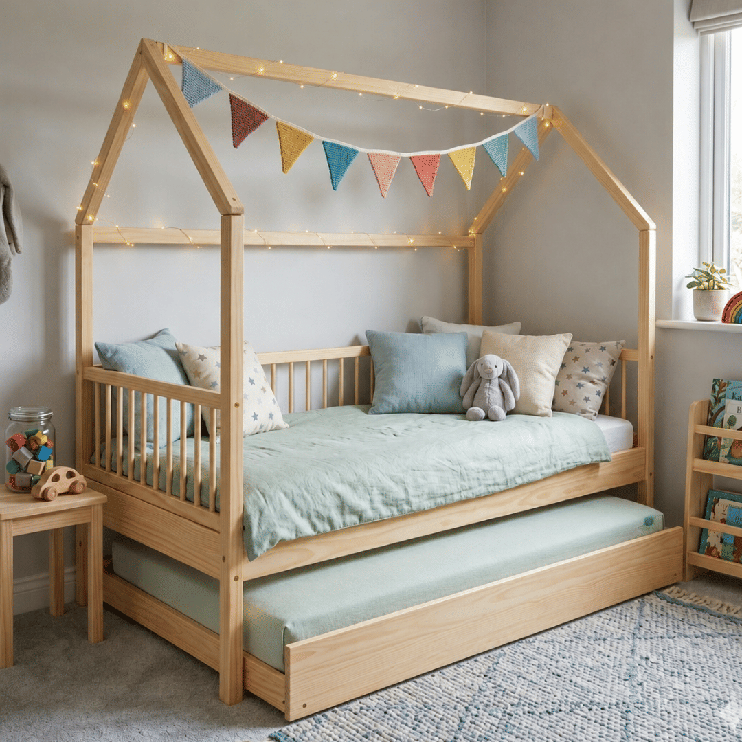 Cama Infantil Casinha Com Cama Auxiliar Bloomie em Madeira Maciça Pinus Natural Cama Infantil Casinha Com Cama Auxiliar Bloomie em Madeira Maciça Pinus Natural