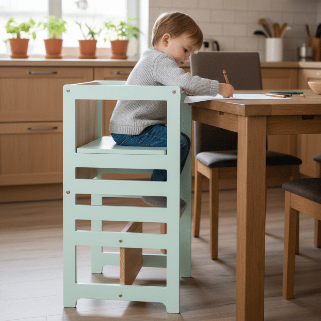 Torre de Aprendizagem Montessori 4 em 1 Verde Cadeirão Ajustável, Mesinha de Atividades, Quadro de Desenhos