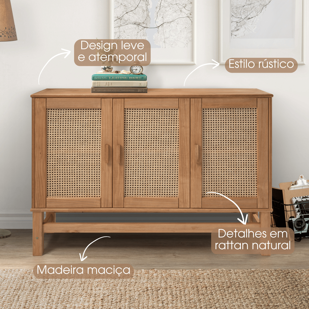 Balcão Buffet Nature em Madeira e Rattan Natural 03 Portas Balcão Buffet Nature em Madeira e Rattan Natural 03 Portas