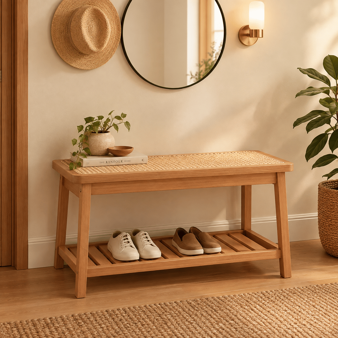 Banco Sapateira com Prateleira Ripada 75cm em Madeira Maciça e Rattan Cor Pitanga