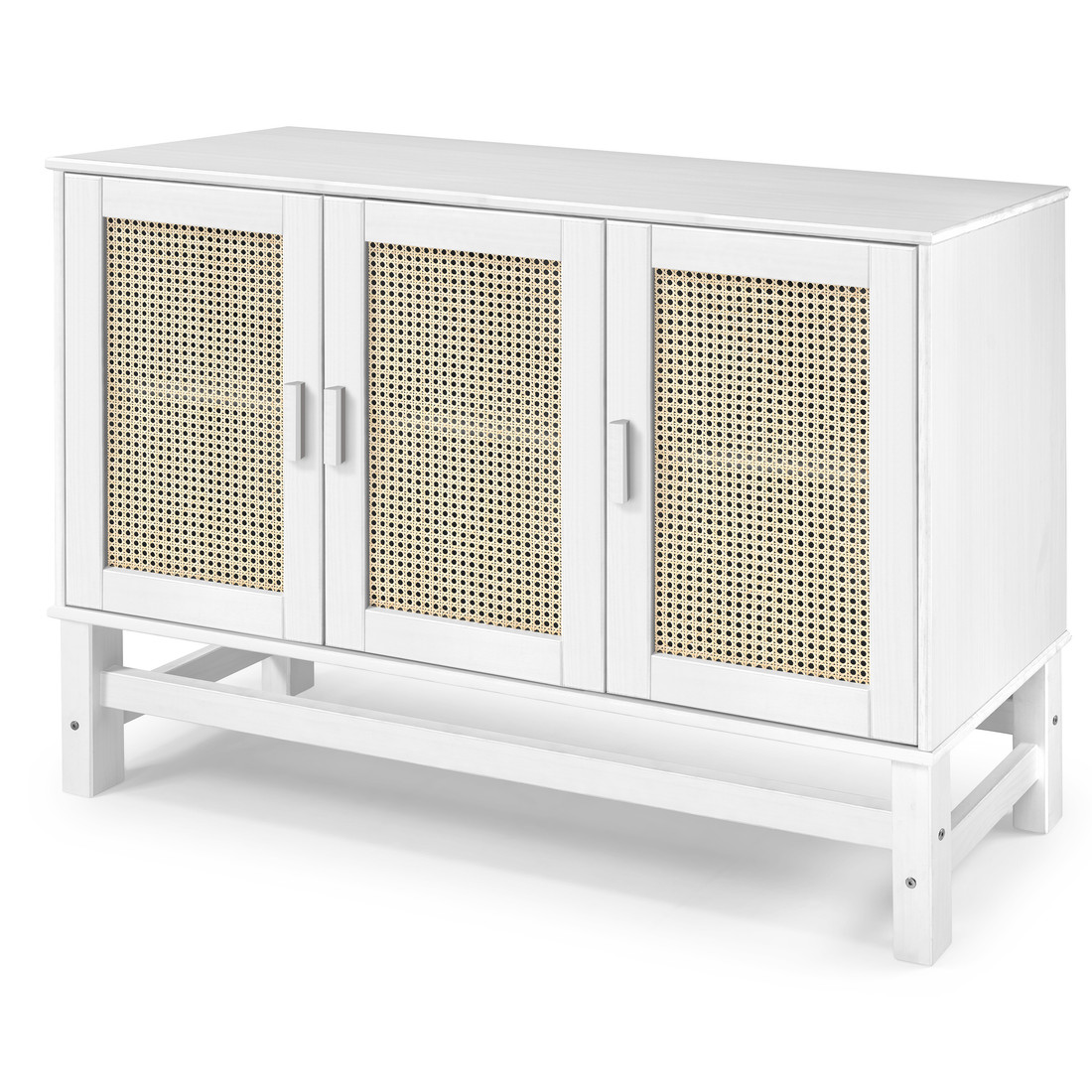 Balcão Buffet Nature em Madeira e Rattan Natural 03 Portas na Cor Branca