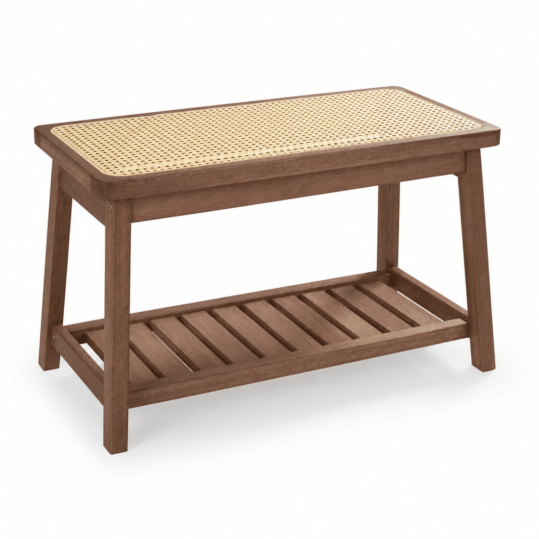 Banco Sapateira com Prateleira Ripada 75cm em Madeira Maciça e Rattan Cor Imbuia Banco Sapateira com Prateleira Ripada 75cm em Madeira Maciça e Rattan Cor Imbuia
