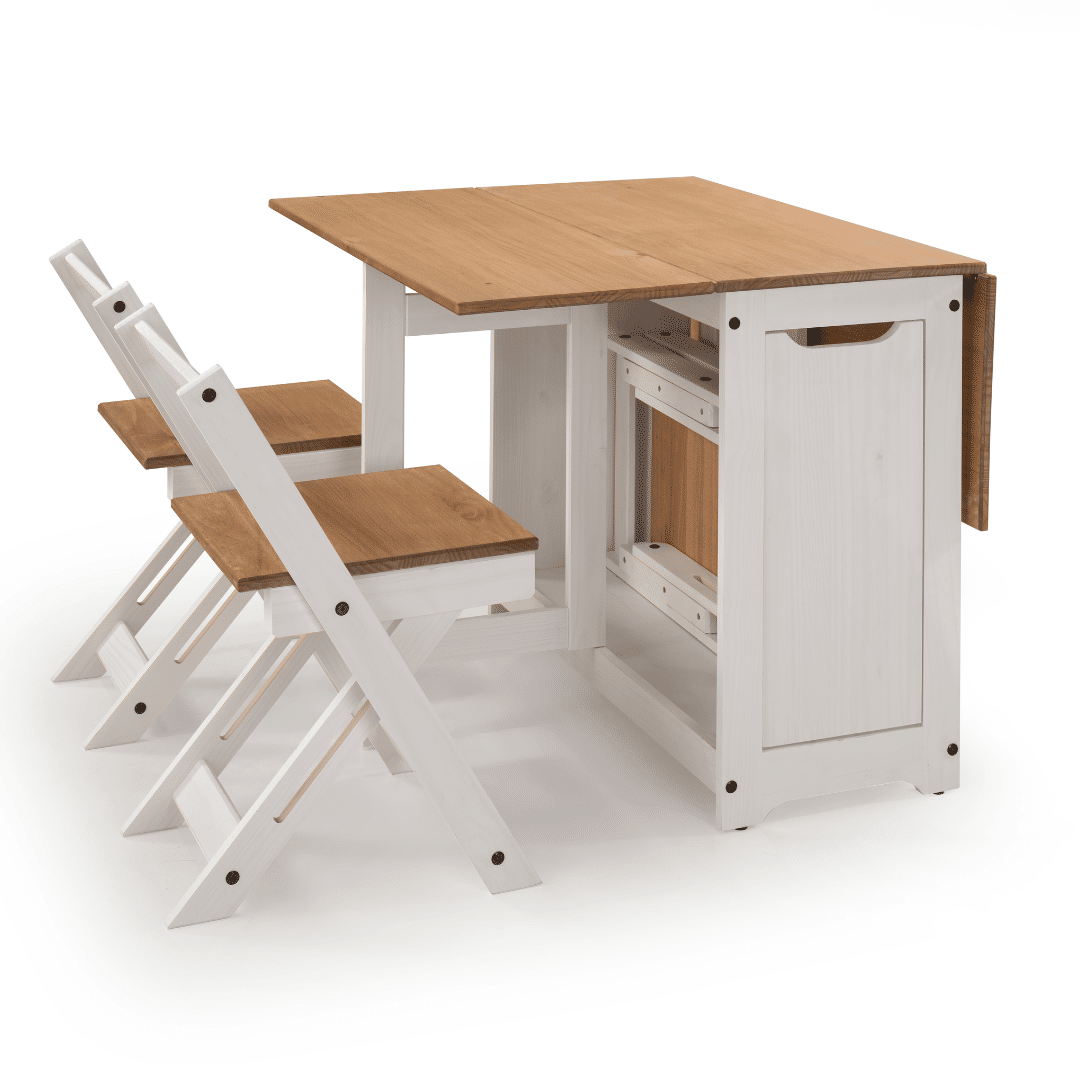 Mesa Dobrável Borboleta com 4 Cadeiras em Madeira Maciça de Pinus Branco Cera