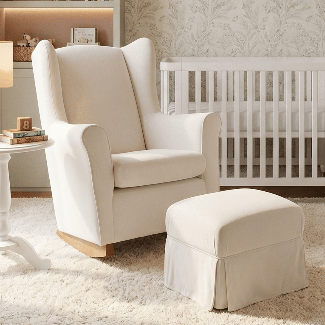 Poltrona de Amamentação Cloud com Balanço + Puff Mommy Bouclé Branco Poltrona de Amamentação Cloud com Balanço + Puff Mommy Bouclé Branco