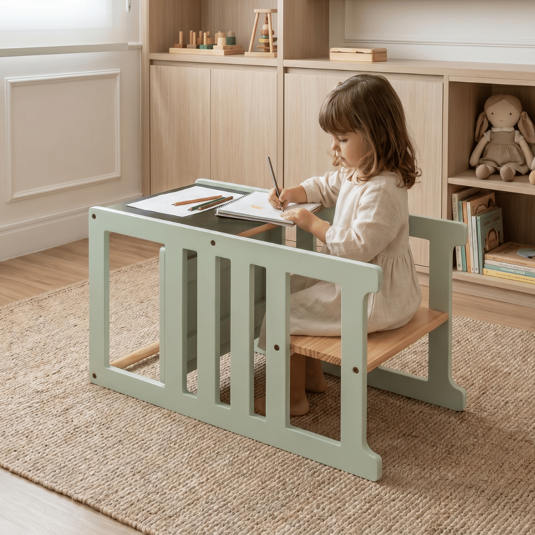 Torre de Aprendizagem Montessori 4 em 1 Verde Cadeirão Ajustável, Mesinha de Atividades, Quadro de Desenhos Torre de Aprendizagem Montessori 4 em 1 Verde Cadeirão Ajustável, Mesinha de Atividades, Quadro de Desenhos
