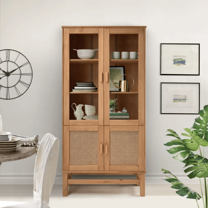 Cristaleira Nature em Madeira, Vidro e Rattan 04 Portas