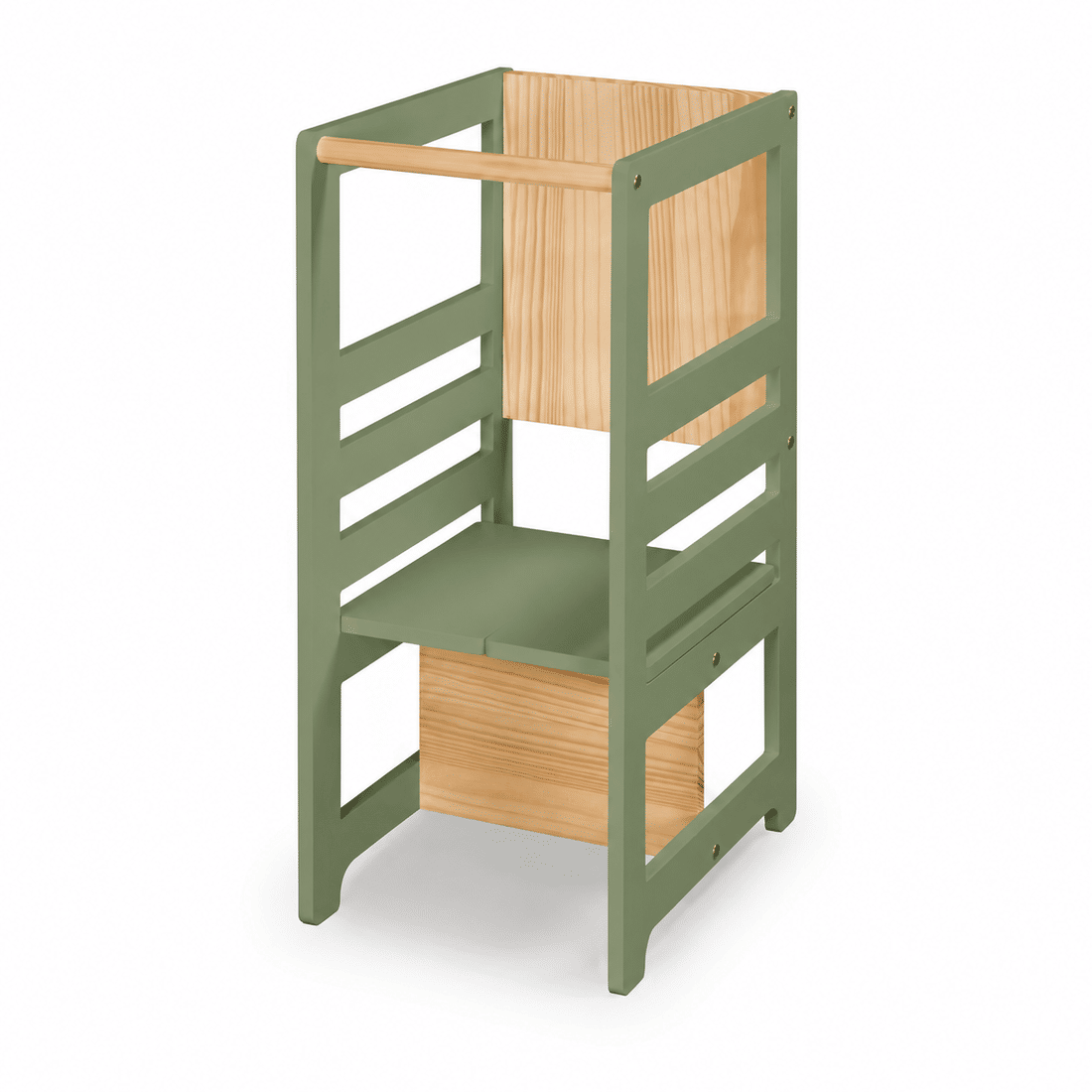 Torre de Aprendizagem Montessori 4 em 1 Verde Oliva Cadeirão Ajustável, Mesinha de Atividades, Quadro de Desenhos