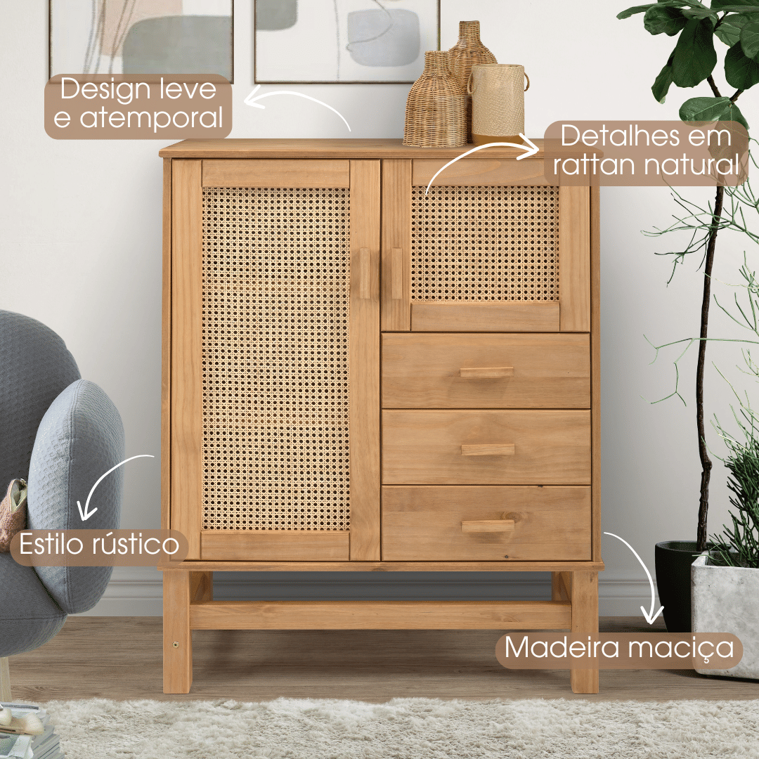 Balcão Buffet Nature Madeira e Rattan 02 portas e 03 gavetas