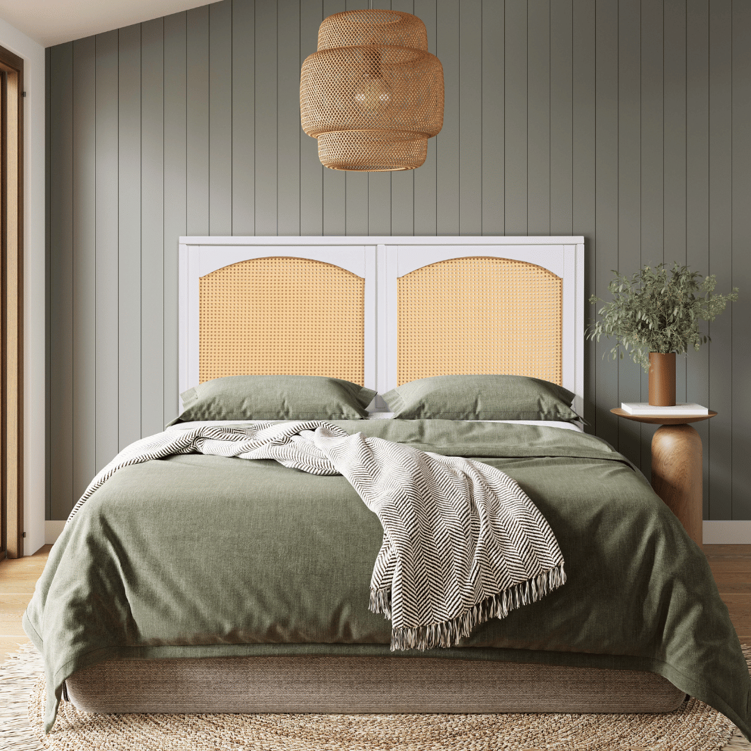 Cabeceira de Cama CASAL 146cm Arcs Madeira e Rattan na Cor Branca