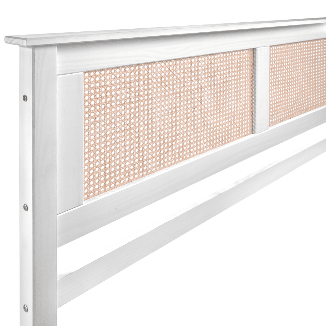 Kit Cabeceira + Mesa de Cabeceira Gaveta e Nicho de Rattan Nature na Cor Branca