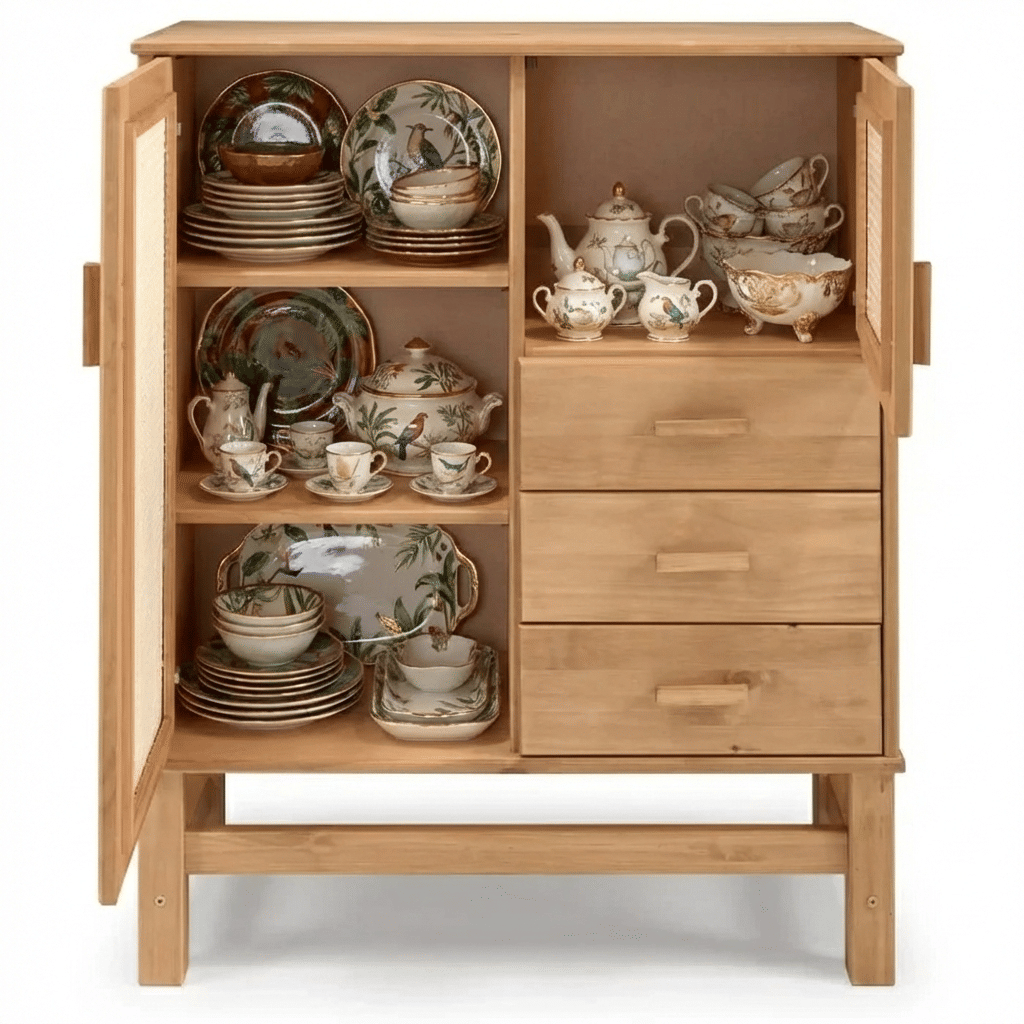 Balcão Buffet Nature Madeira e Rattan 02 portas e 03 gavetas