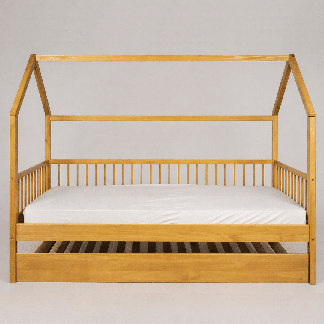 Cama Infantil Casinha Com Cama Auxiliar Bloomie em Madeira Maciça Pinus Mel Cama Infantil Casinha Com Cama Auxiliar Bloomie em Madeira Maciça Pinus Mel