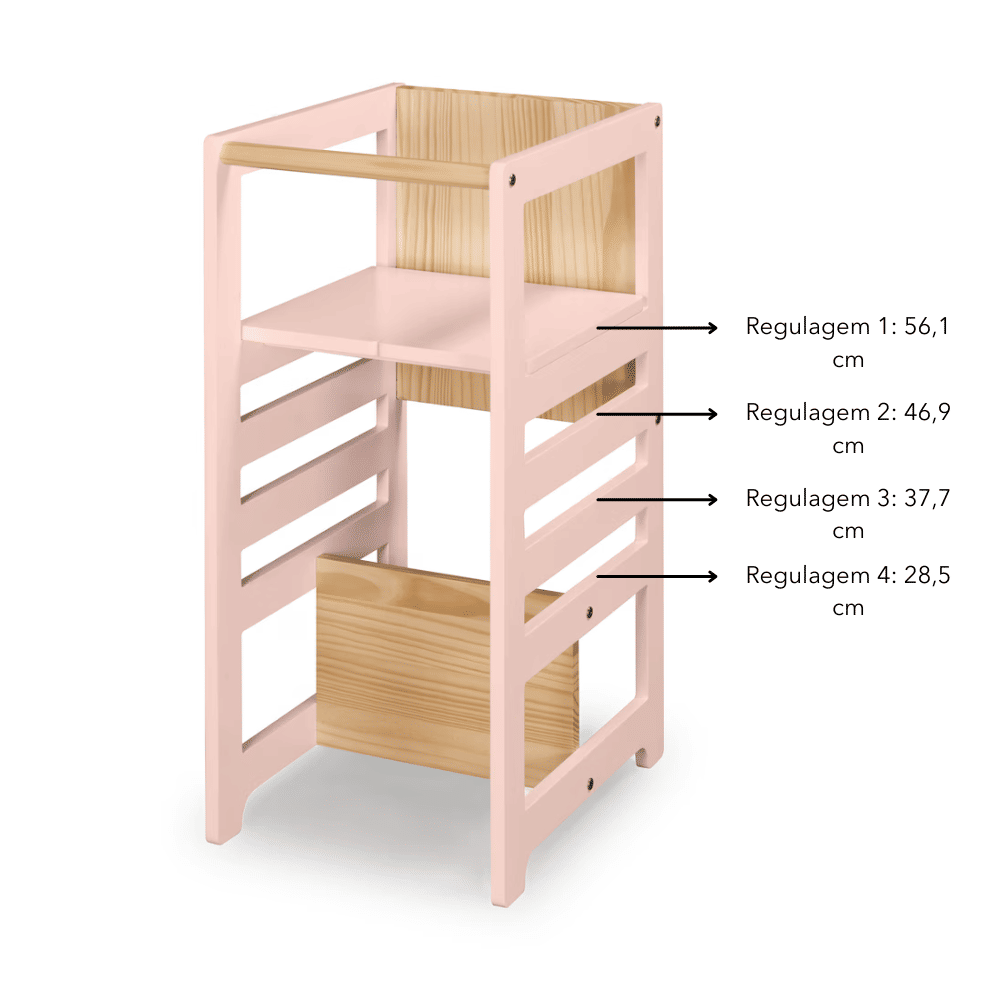 Torre de Aprendizagem Montessori 4 em 1 Rosa Cadeirão Ajustável, Mesinha de Atividades, Quadro de Desenhos