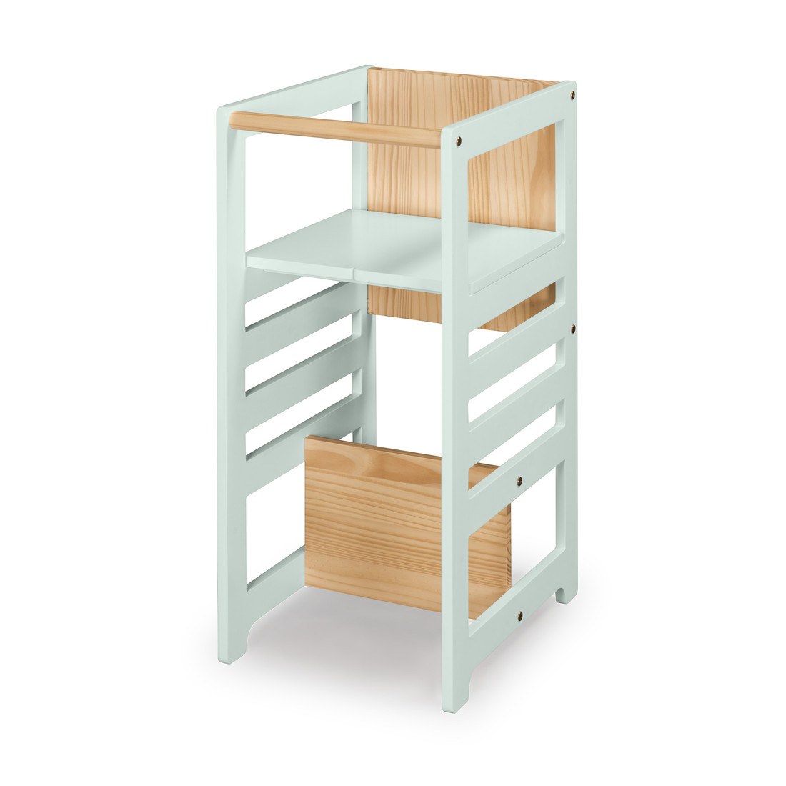 Torre de Aprendizagem Montessori 4 em 1 Verde Cadeirão Ajustável, Mesinha de Atividades, Quadro de Desenhos