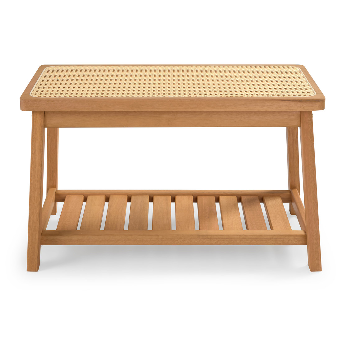 Banco Sapateira com Prateleira Ripada 75cm em Madeira Maciça e Rattan Cor Pitanga Banco Sapateira com Prateleira Ripada 75cm em Madeira Maciça e Rattan Cor Pitanga