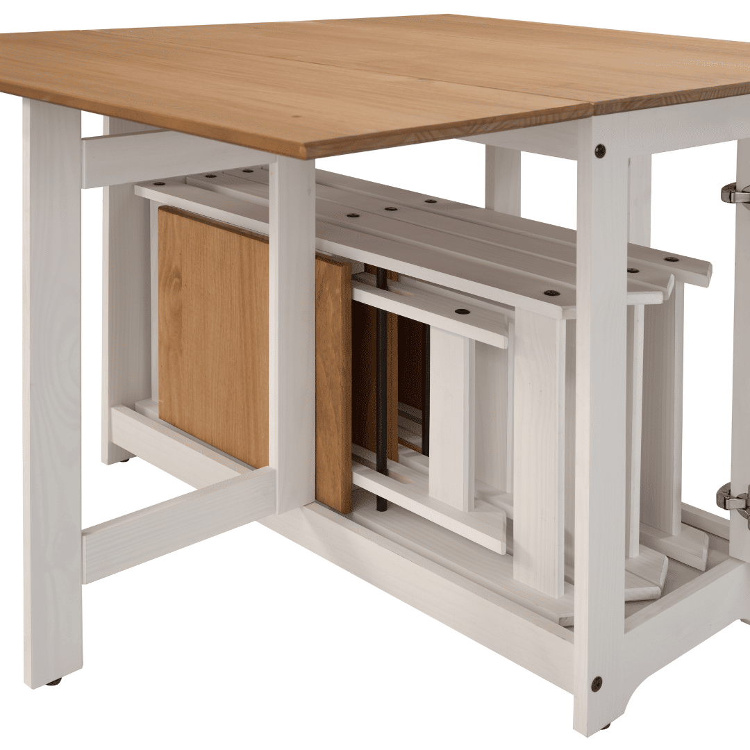 Mesa Dobrável Borboleta com 4 Cadeiras em Madeira Maciça de Pinus Branco Cera