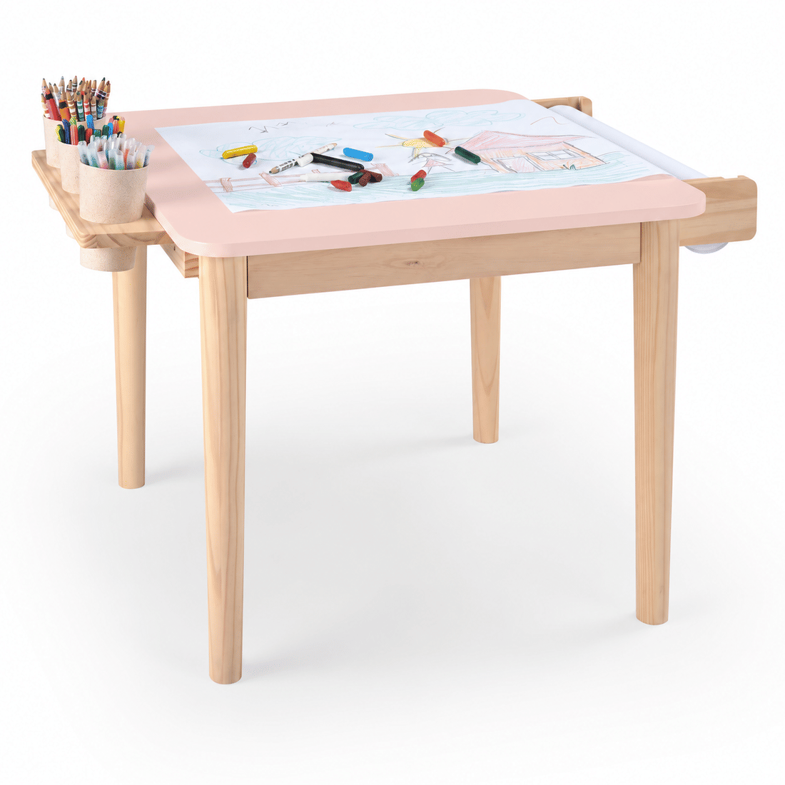 Mesa Infantil Quadrada de Madeira Maciça 61cm Rosa com Porta-Lápis e Suporte para Papel Mesa Infantil Quadrada de Madeira Maciça 61cm Rosa com Porta-Lápis e Suporte para Papel