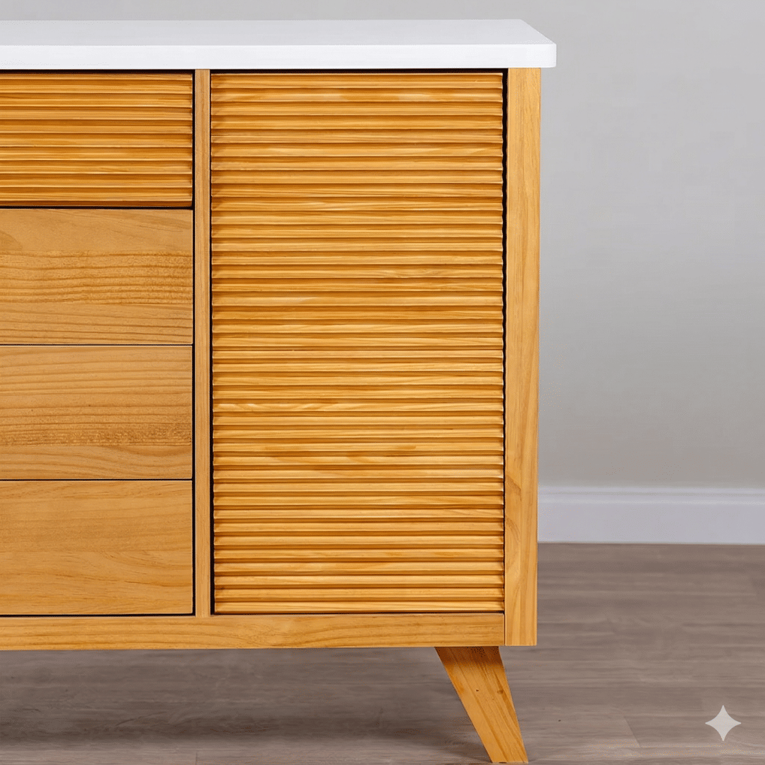 Cômoda Zig 4 Gavetas e 1 Porta de Madeira Maciça Mel com Tampo Branco Cômoda Zig 4 Gavetas e 1 Porta de Madeira Maciça Mel com Tampo Branco