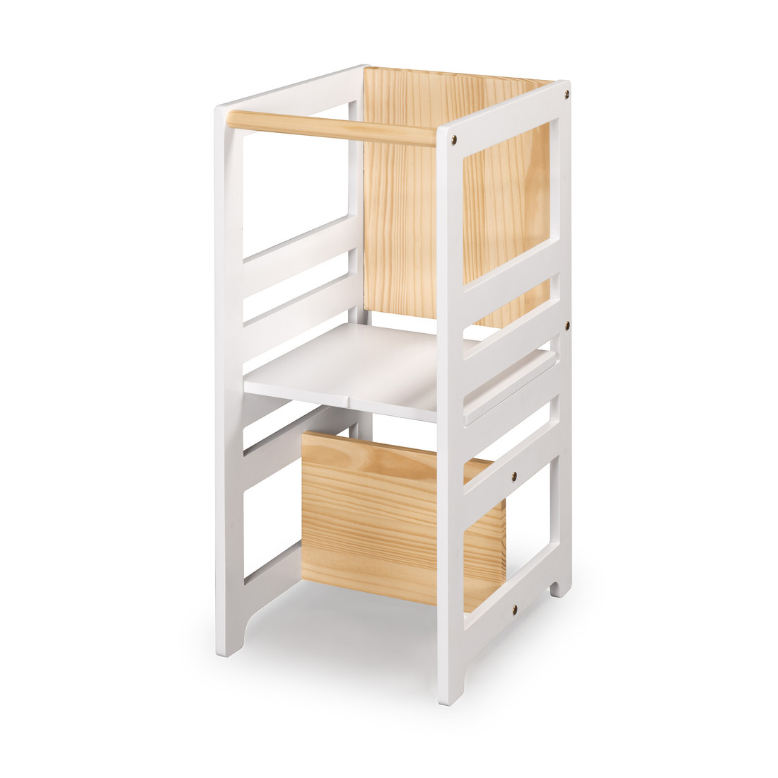 Torre de Aprendizagem Montessori 4 em 1 Branca Cadeirão Ajustável, Mesinha de Atividades, Quadro de Desenhos