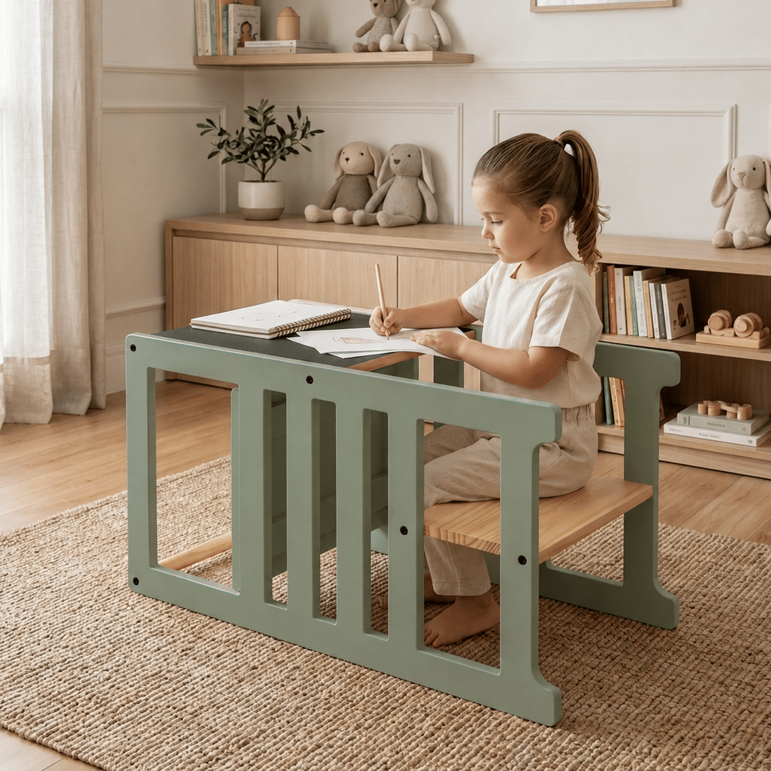 Torre de Aprendizagem Montessori 4 em 1 Verde Oliva Cadeirão Ajustável, Mesinha de Atividades, Quadro de Desenhos