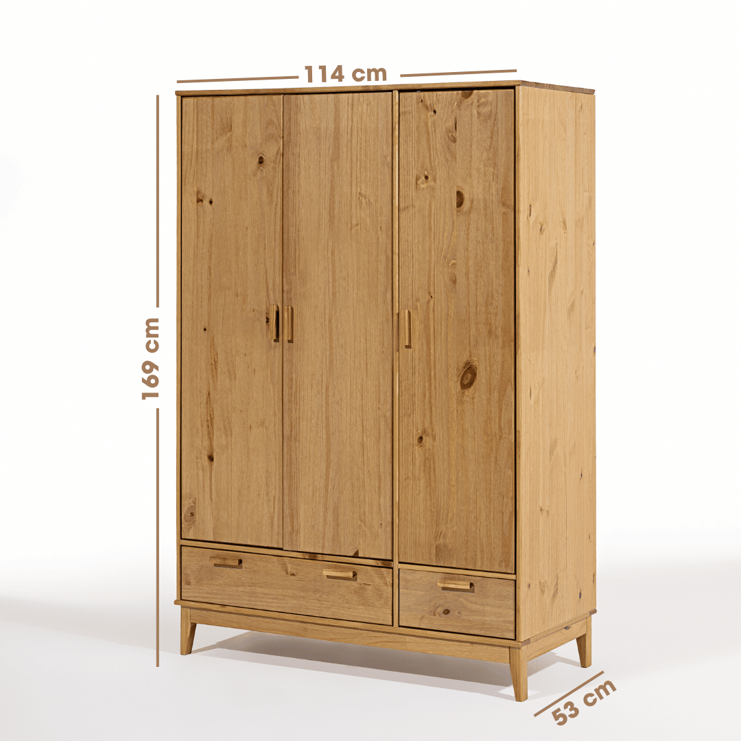 Roupeiro Alamo 3 Portas e 2 Gavetas em Madeira Natural
