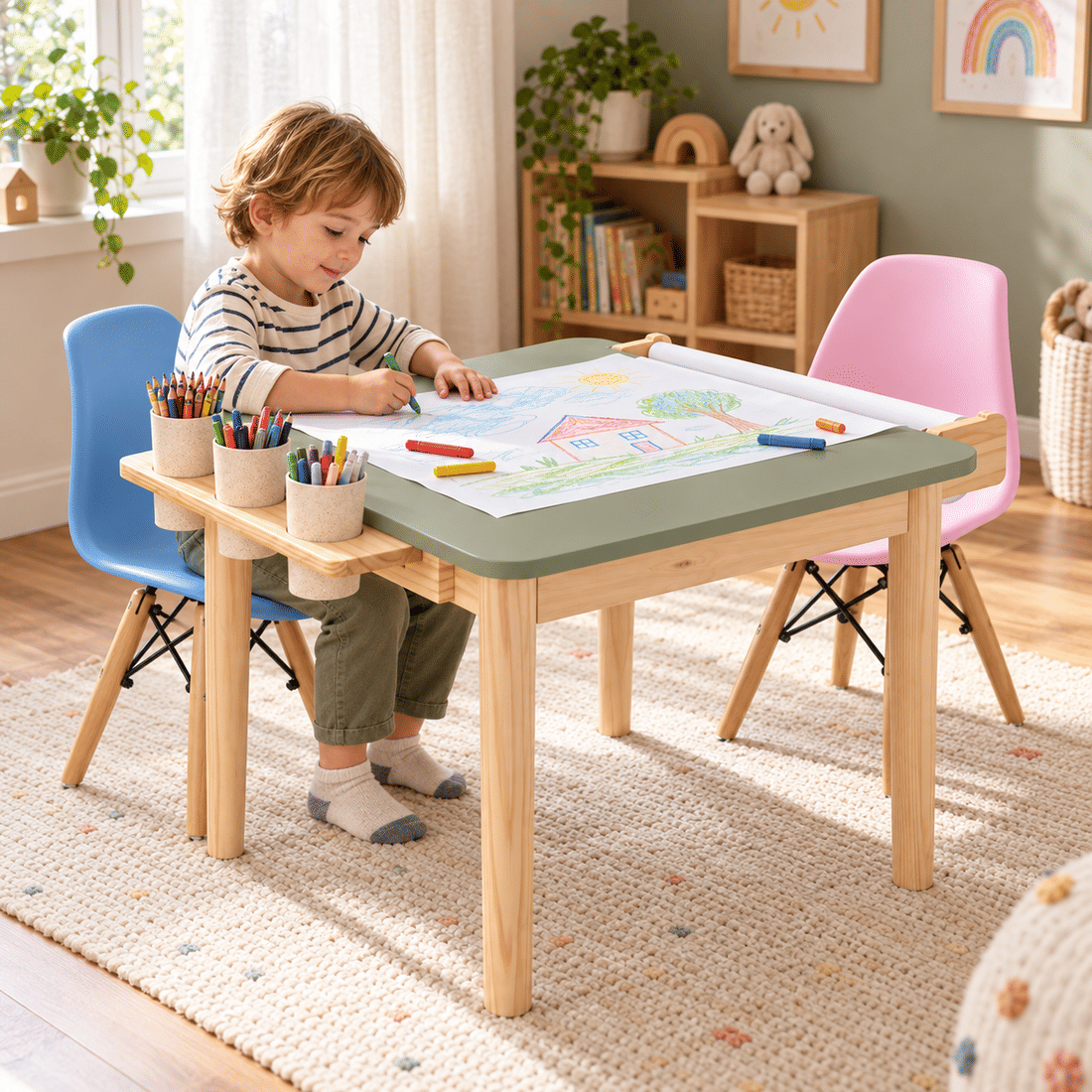 Mesa Infantil Quadrada de Madeira Maciça 61cm Verde Oliva com Porta-Lápis e Suporte para Papel Mesa Infantil Quadrada de Madeira Maciça 61cm Verde Oliva com Porta-Lápis e Suporte para Papel
