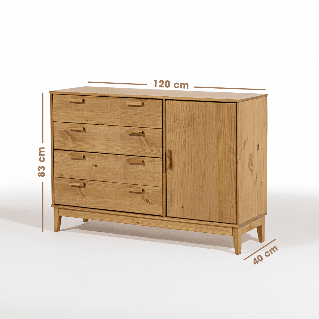 Cômoda Alamo 4 Gavetas e 1 Porta em Madeira Natural