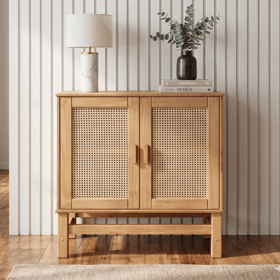 Balcão Buffet Nature em Madeira e Rattan Natural 02 Portas