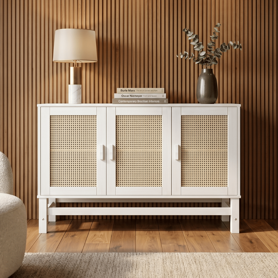Balcão Buffet Nature em Madeira e Rattan Natural 03 Portas na Cor Branca