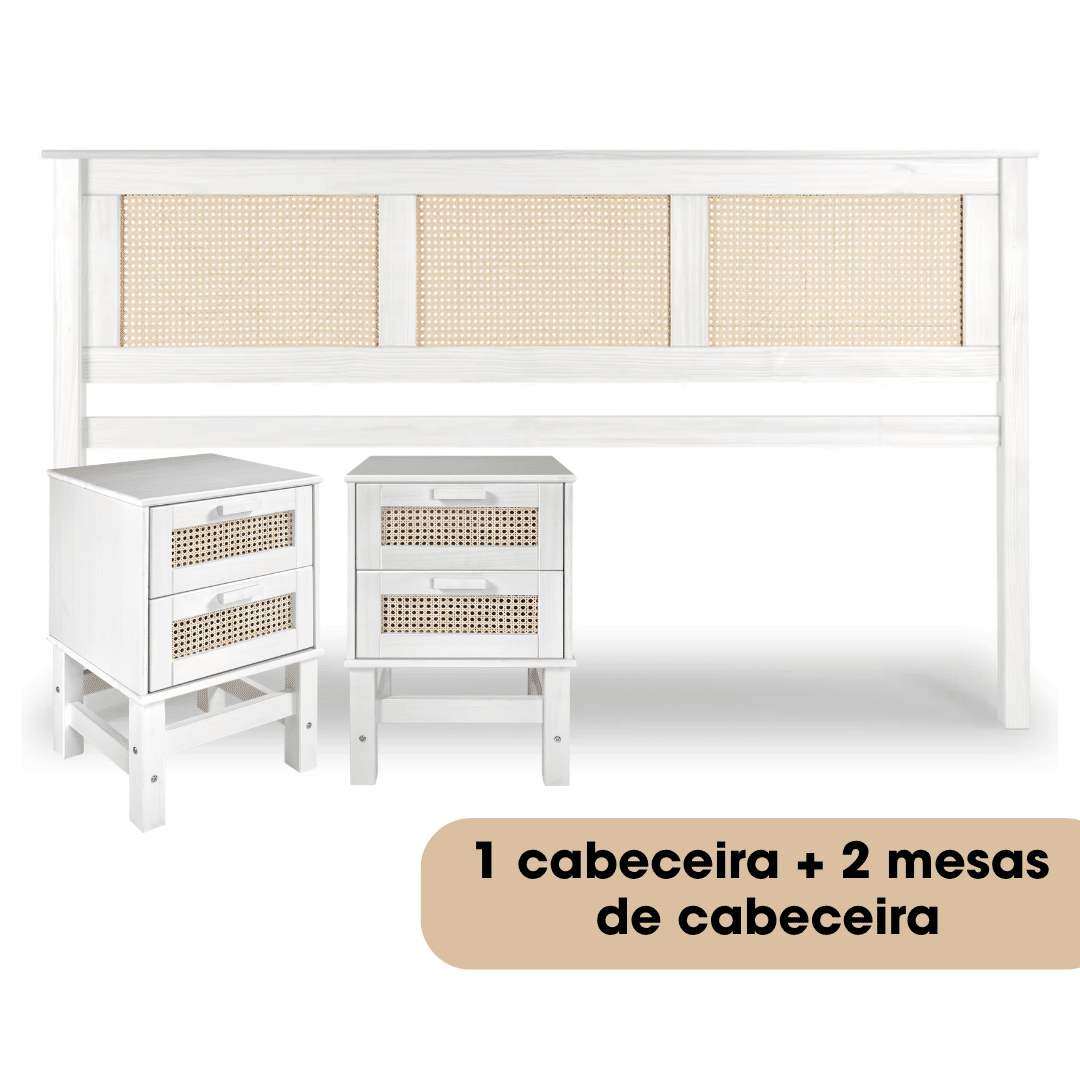 Kit Cabeceira KING + 2 Mesas de Cabeceira 2 Gavetas de Rattan Nature na Cor Branca