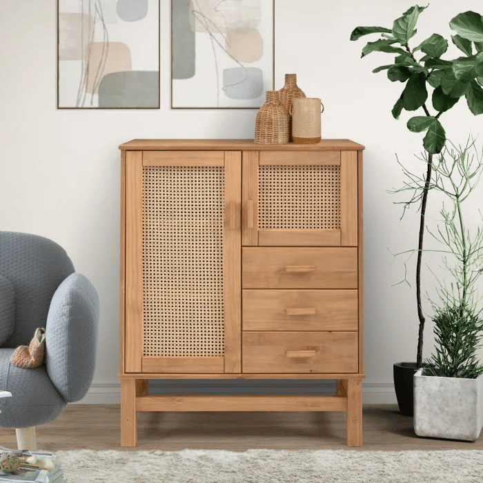 Balcão Buffet Nature Madeira e Rattan 02 portas e 03 gavetas