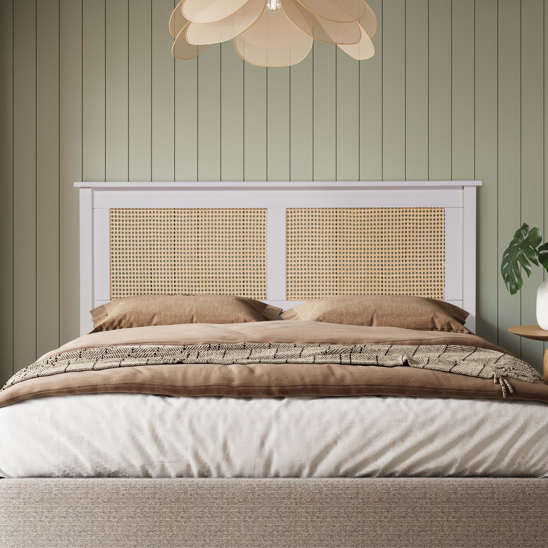 Cabeceira de Cama CASAL 144cm Nature Madeira e Rattan na Cor Branca