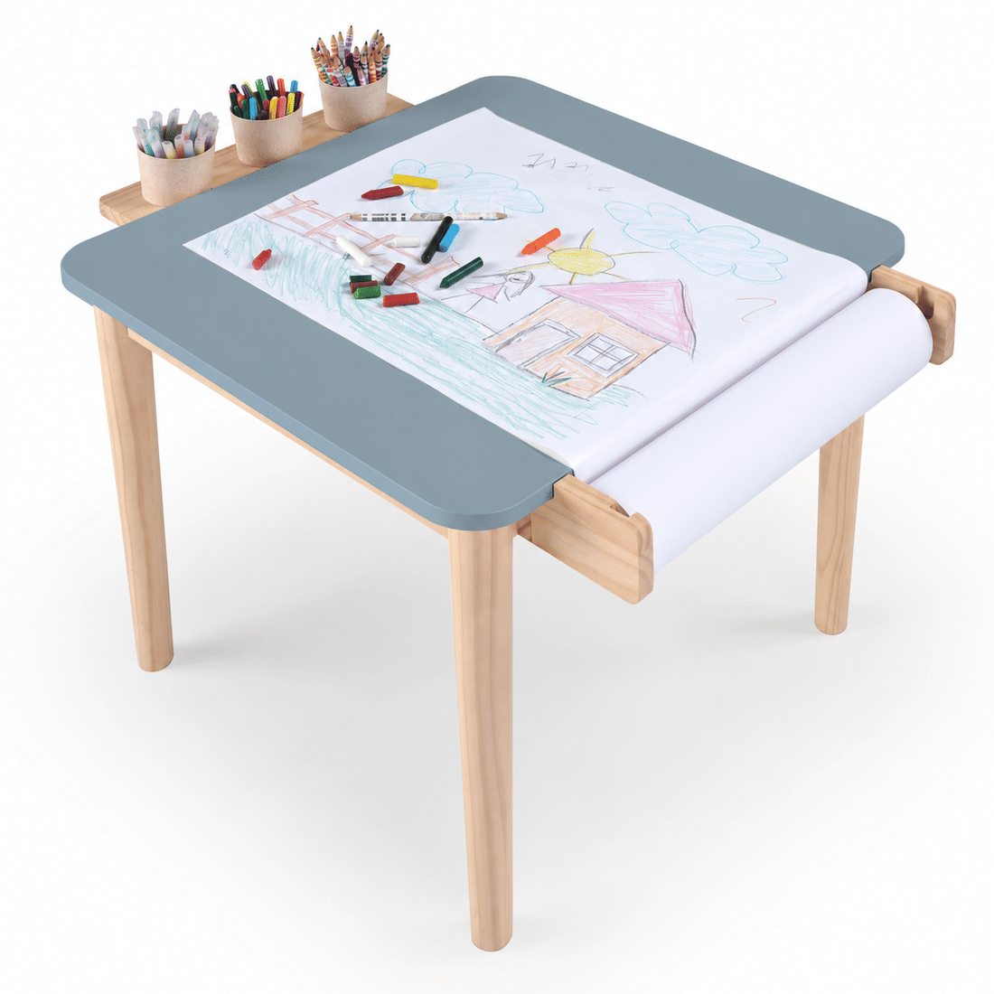 Mesa Infantil Quadrada de Madeira Maciça 61cm Azul com Porta-Lápis e Suporte para Papel Mesa Infantil Quadrada de Madeira Maciça 61cm Azul com Porta-Lápis e Suporte para Papel