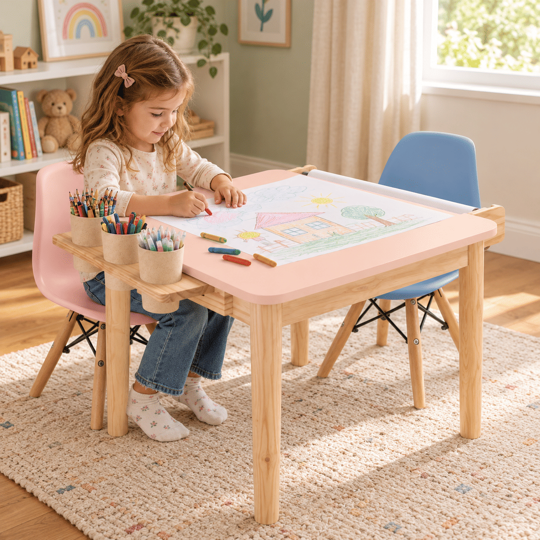 Mesa Infantil Quadrada de Madeira Maciça 61cm Rosa com Porta-Lápis e Suporte para Papel Mesa Infantil Quadrada de Madeira Maciça 61cm Rosa com Porta-Lápis e Suporte para Papel
