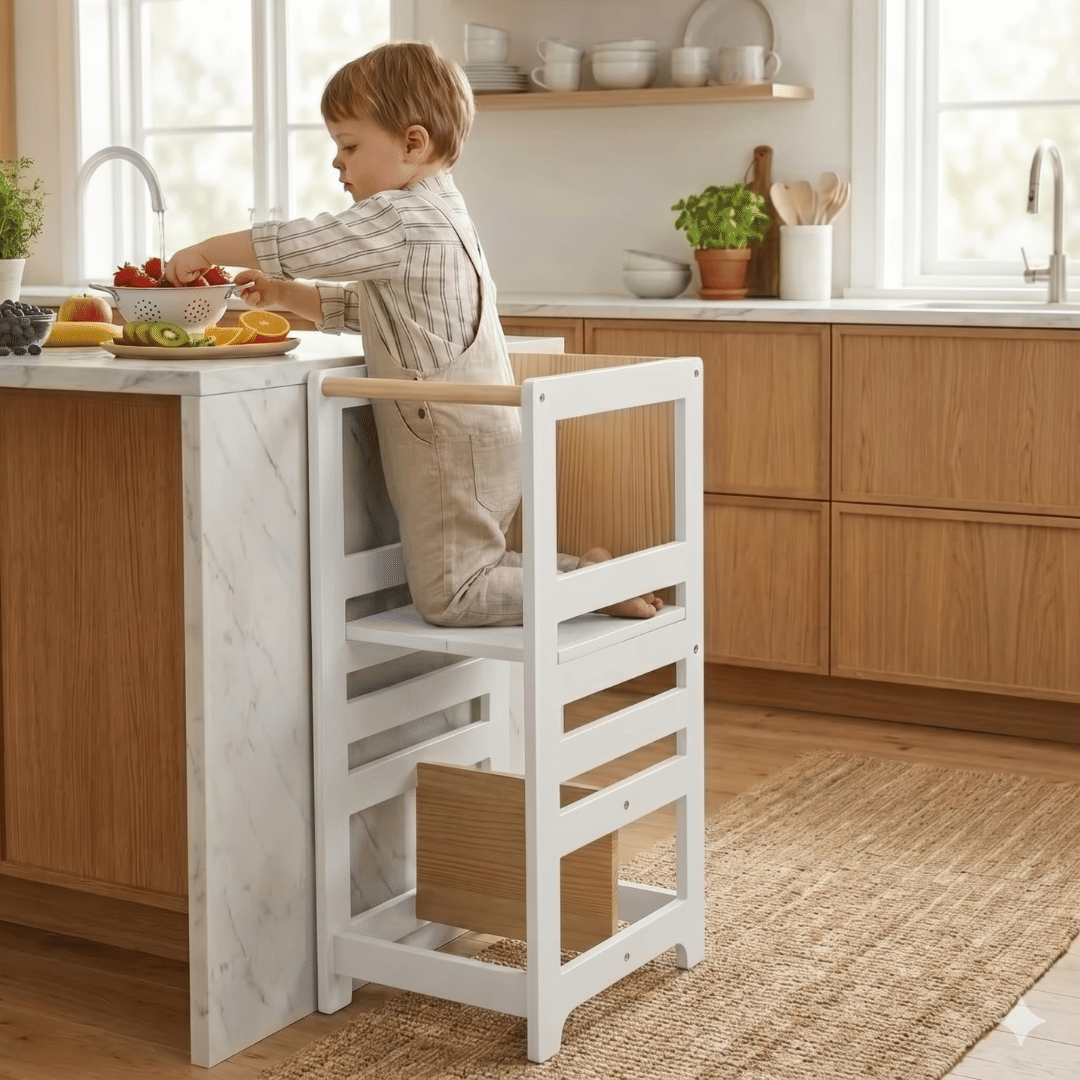 Torre de Aprendizagem Montessori 4 em 1 Branca Cadeirão Ajustável, Mesinha de Atividades, Quadro de Desenhos Torre de Aprendizagem Montessori 4 em 1 Branca Cadeirão Ajustável, Mesinha de Atividades, Quadro de Desenhos