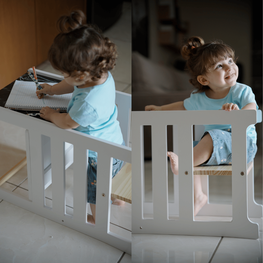 Torre de Aprendizagem Montessori 4 em 1 Azul Cadeirão Ajustável, Mesinha de Atividades, Quadro de Desenhos Torre de Aprendizagem Montessori 4 em 1 Azul Cadeirão Ajustável, Mesinha de Atividades, Quadro de Desenhos