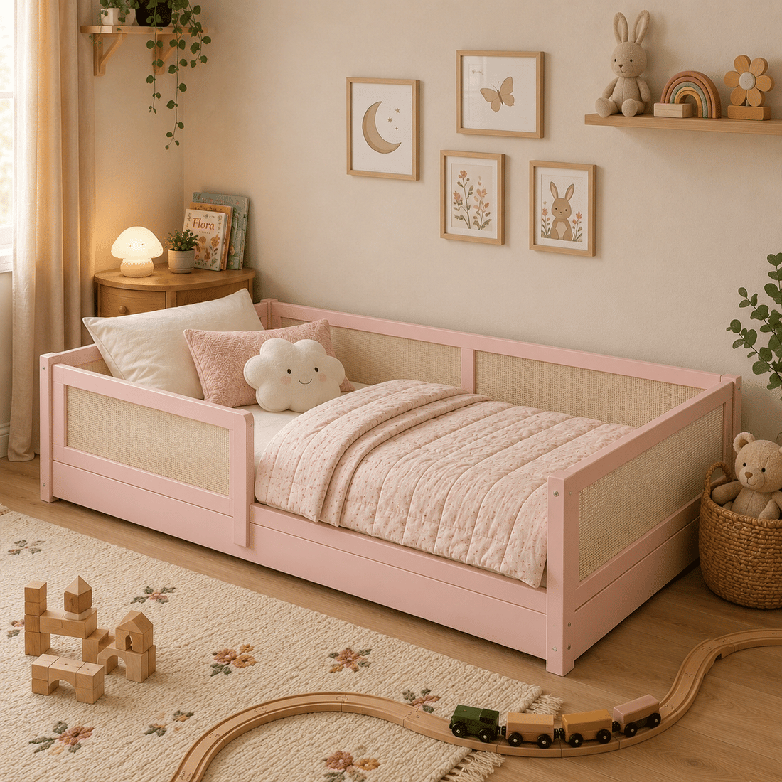 Cama Infantil de Solteiro Montessori Rosa Com Rattan