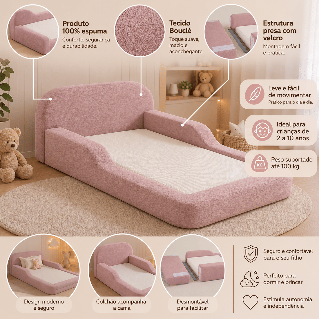 Cama Infantil de Solteiro Montessori em Espuma D28 Bouclé Rosa com Colchão Cama Infantil de Solteiro Montessori em Espuma D28 Bouclé Rosa com Colchão