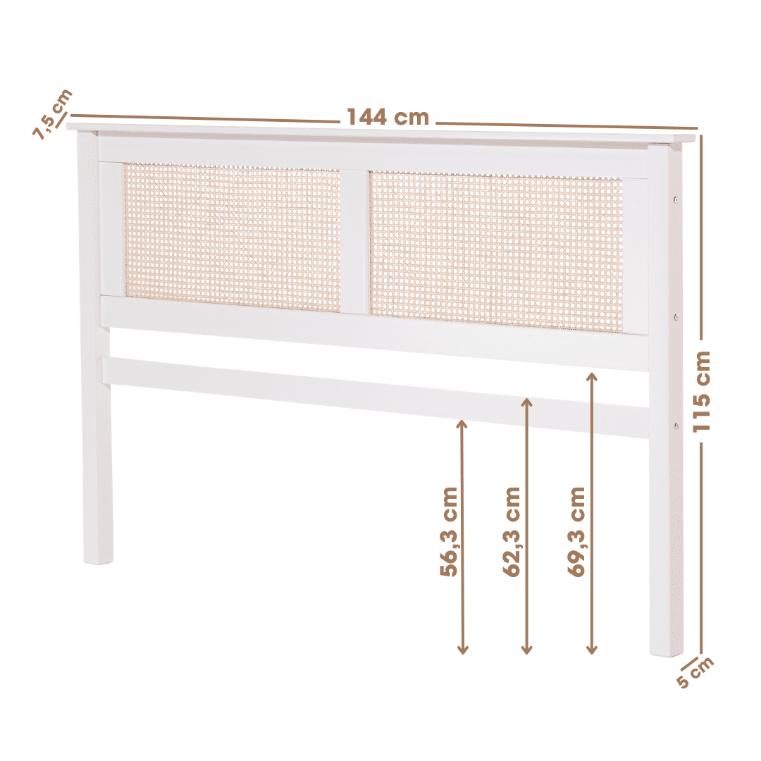 Cabeceira de Cama CASAL 144cm Nature Madeira e Rattan na Cor Branca